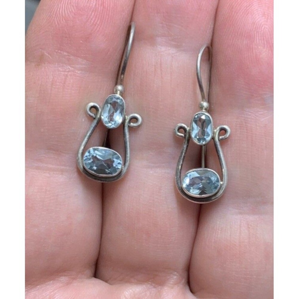 Vintage Artisan Sterling Silver Earrings Oval Blue Topaz Dangle Drop Western